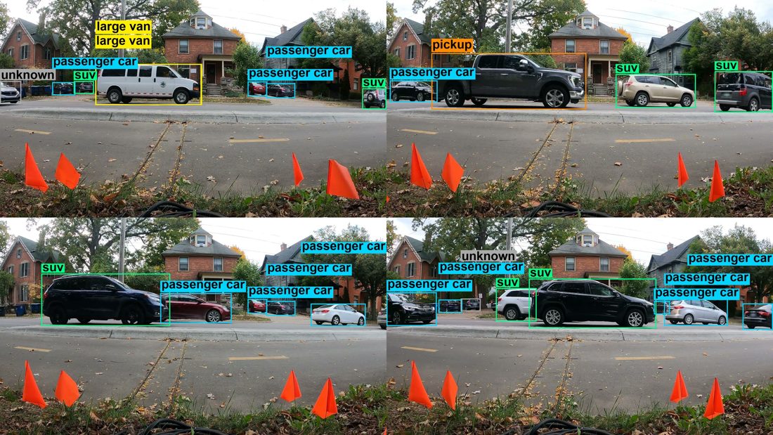 Vehicle classification results across four frames, including unknown labels